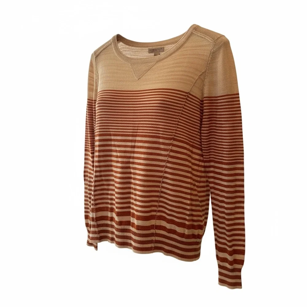 Lucky Brand Womens Striped Long Sleeve Crew Neck Sweater Cream Rust Orange Small